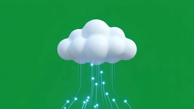 Abstract 3D cloud computing concept with glowing data streams on green background.