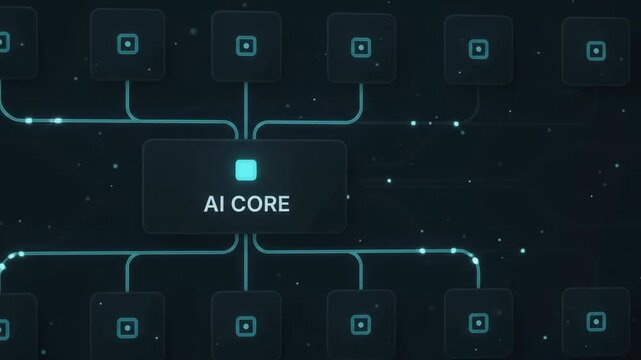 Flowchart hierarchy showing central AI core connecting to multi stage processing pipeline nodes