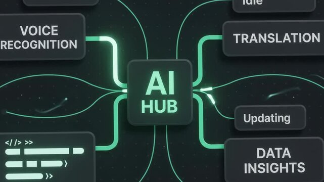 Flowchart diagram illustrating AI hub branching to voice recognition translation and data insights