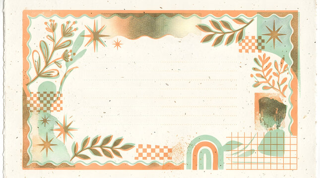 Decorative vintage certificate with floral elements and playful geometric patterns in pastel orange and mint green.