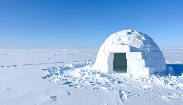Igloo snow house standing on a vast frozen arctic landscape under a clear bright blue sky during daytime winter season