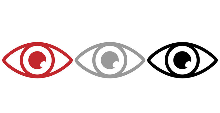 Three eyes icon set in red gray and black colors  vision symbol, Eye silhouette collection  view and watch logo, Three eye icons flat design  optometry and eyesight, Red gray black eye icons 