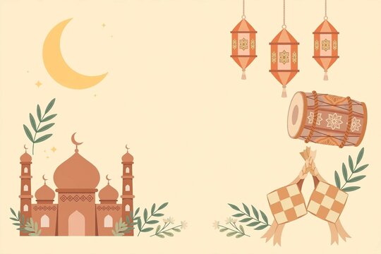 Eid al-Fitr ornament set with ketupat bedug lanterns and mosque.
