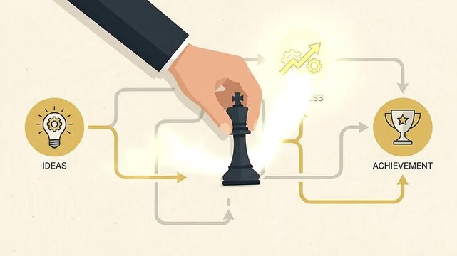 Animated hand moving chess piece along business strategy flowchart