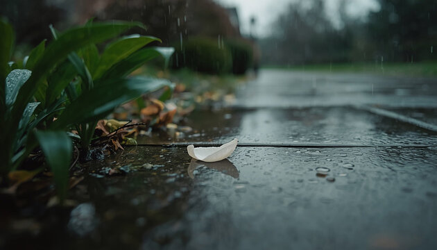 Photorealistic ground-level view of a quiet garden walkway after spring rain, surrounded by fresh greenery and a peaceful atmosphere.
