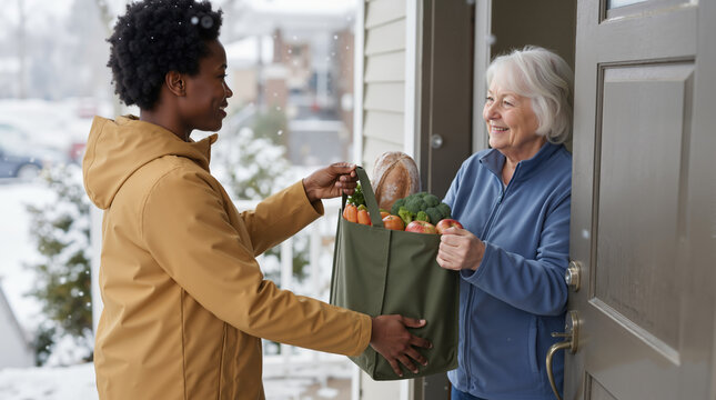 Young volunteer delivering groceries to senior woman at her home in winter. Black female courier handing food bag to elderly woman at doorway. Community support and care concept