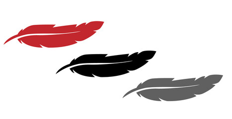Three feathers icon set in red black and gray colors  feather symbol, Feather silhouette collection  lightness and freedom logo, Three feathers flat design bird plume icon, Red black and gray feat © Mudassar