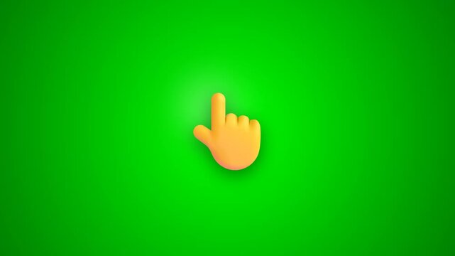 Pointer finger click animation on a green screen background featuring a 3D cartoon hand gesture element pointing upward and pressing a button interface for digital design projects