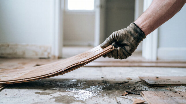 Worker removing waterdamaged laminate flooring from a concrete subfloor due to a home flood or plumbing leak