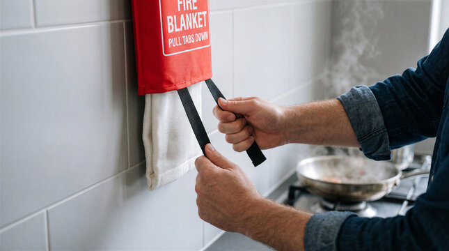 Closeup of a person pulling the tabs of a wallmounted fire blanket in a kitchen during a cooking emergency