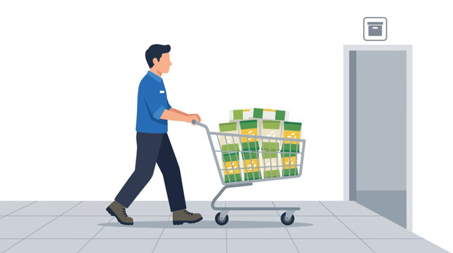 Man Pushing Full Shopping Cart In Supermarket Aisle, Groceries, Consumerism, Everyday Life, Isolated On Transparent Background