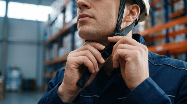 Warehouse worker fastening the chin strap of his safety helmet before starting his shift in a distribution center