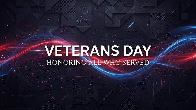 Motion graphic background honoring veterans with glowing red and blue light streaks and dark geometric patterns