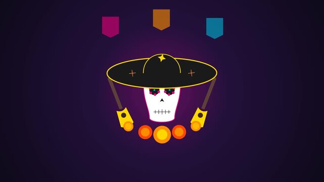 Stylized Ornamental Catrina Skull with Traditional Charro Hat and Swaying Marigold Flowers for Mexican Cultural Celebration