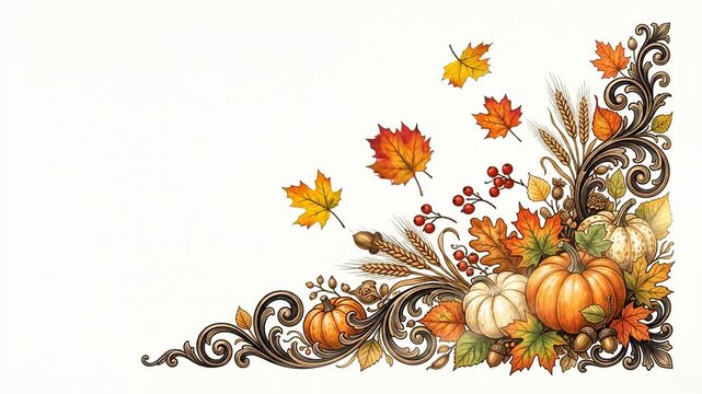 Autumn corner decoration animation with falling leaves and pumpkins