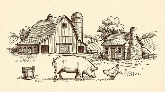 Vintage farm illustration showing pig and chicken near barn
