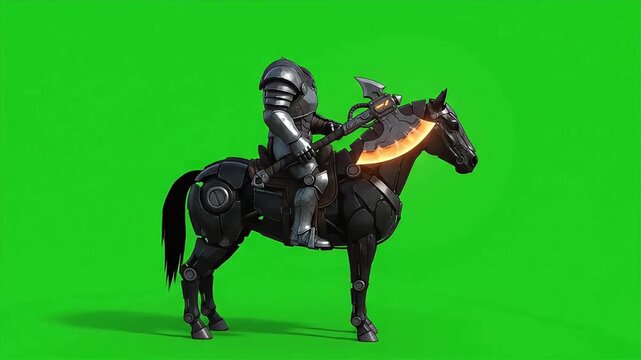 3D cel shaded cyber gothic headless horseman holding mechanical axe green screen 