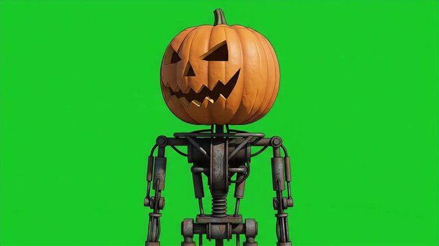 3D cel shaded mechanical scarecrow pumpkin head rotating green screen 