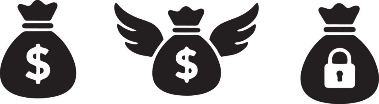 Money bag icons with wings and lock symbol for financial security and success concepts