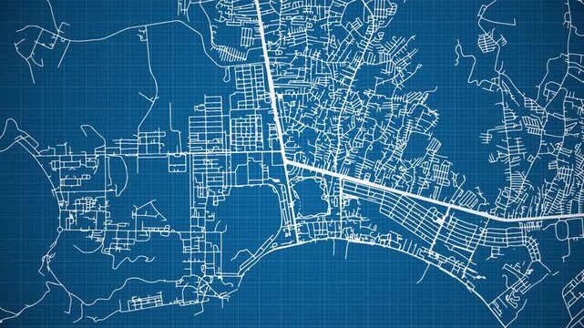Ink reveal animation of Sattahip city, Chon Buri, Thailand, grid map. Aerial top view. Blueprint style. White lines with blue background. 4K Seamless loop.