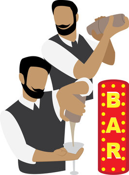 A vector art of a bartender making drinks for people from a bar, without a background.
