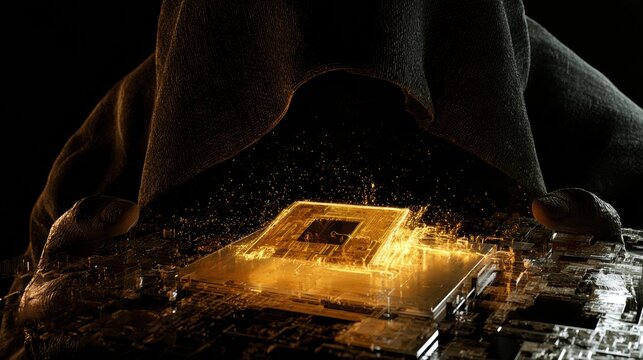 A dark figure supports a glowing amber processor above a detailed circuit board, highlighting a theme of encryption and technology.