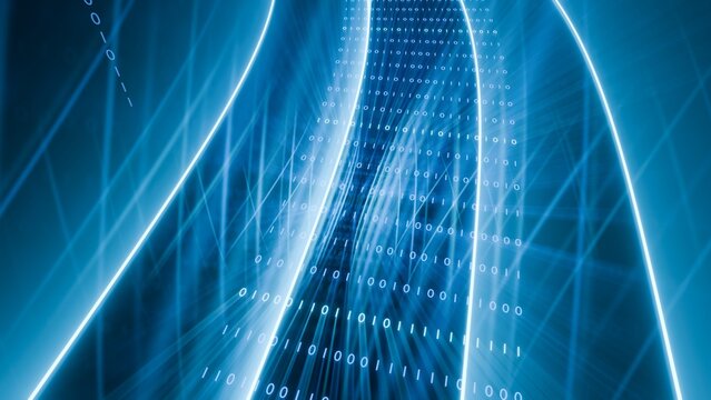 Abstract 3D blue neon data stream with binary code and glowing fiber optic lines