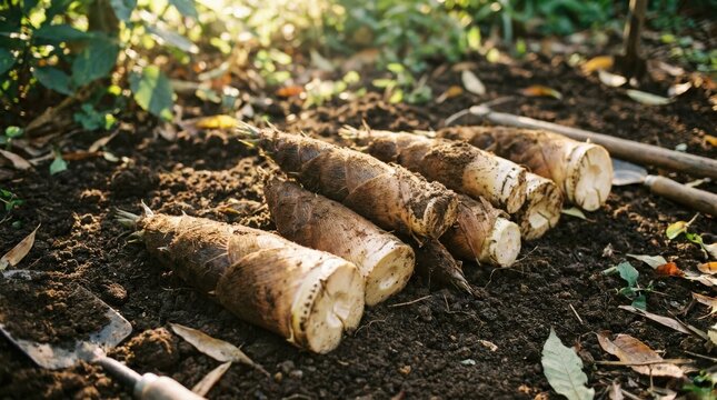 Harvested bamboo shoots lie on the rich soil, ready for culinary use. The sun's warm rays illuminate the earthy scene, hinting at the bounty of nature