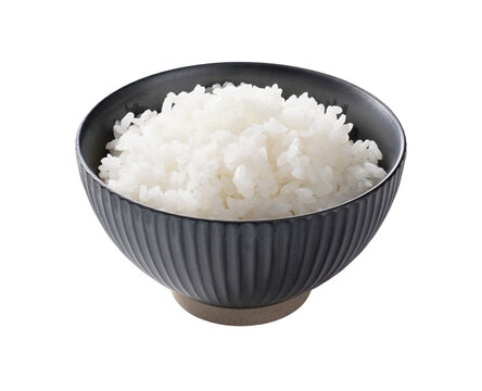 Steamed white rice in a black ceramic bowl isolated on transparent background