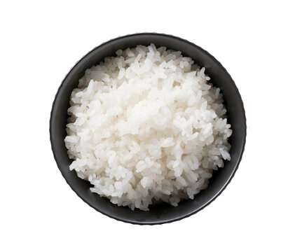 Steamed white rice in a black ceramic bowl top view isolated on transparent background