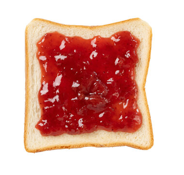 Slice of white bread with strawberry jam top view isolated on transparent background