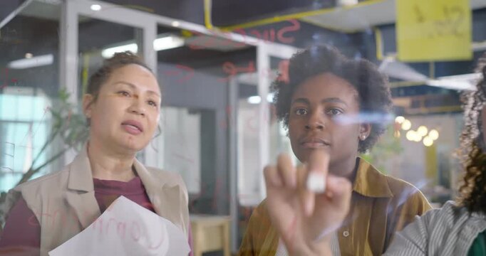 Three women in office reviewing docs, pointing, writing red pen on glass for planning
