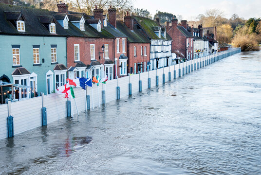 Bewdley , National flags and flood barriers erected to protect local population,Bewdley Bridge,Worcestershire,England,UK