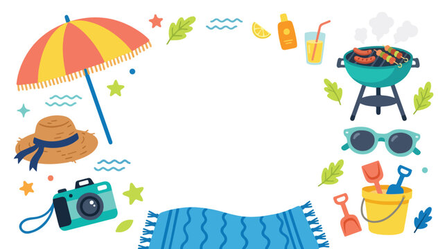 A vibrant summer-themed vector illustration featuring beach and outdoor leisure items arranged in a decorative frame around a white center.