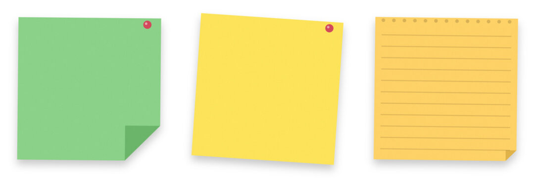 Three colorful sticky notes with text on a flat surface isolated on transparent background