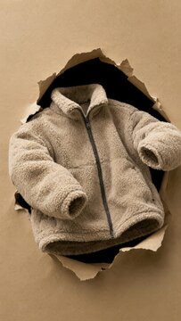 beige fleece jacket peeking through torn paper hole