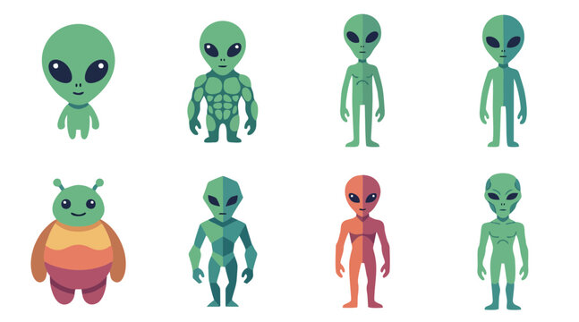 Colorful vector set of cartoon alien characters featuring various unique extraterrestrial body types and expressions