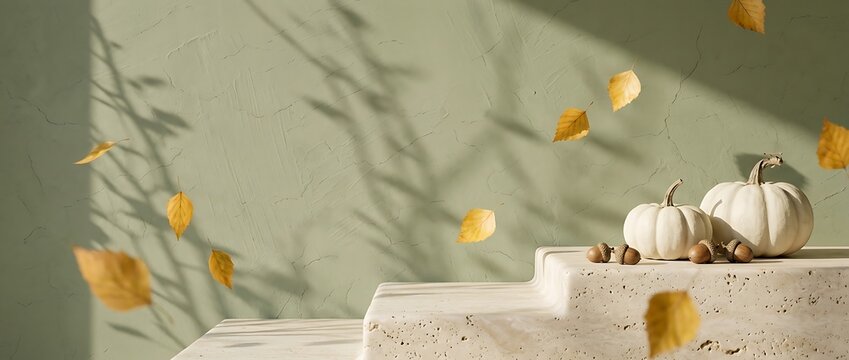 Minimalist autumn display with white pumpkins and falling yellow leaves on green textured background