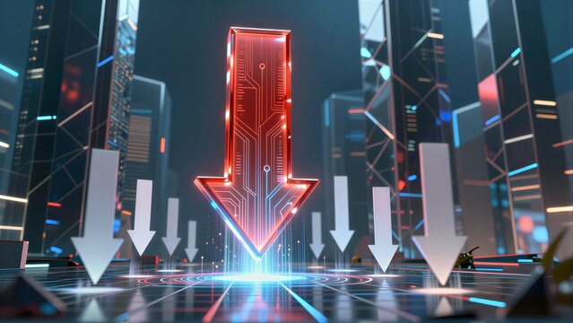 Neon arrow pulses in futuristic city, surrounded by data streams and towering skyscrapers.
