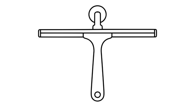 Brass shower squeegee with wiping rubber blade and wall mounting hook hanger presented as a minimalist black outline vector icon for bathroom cleaning tools and sanitary maintenance