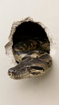 Anaconda emerging from a hole in a white wall
