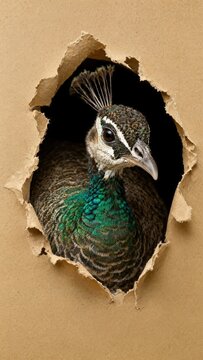 Peahen looking through a hole in torn cardboard