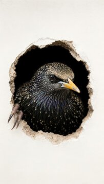 European starling peering through a round hole in a wall