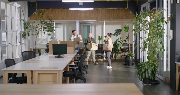 Diverse coworkers entering left carrying boxes and plant, unpacking and arranging desk for setup