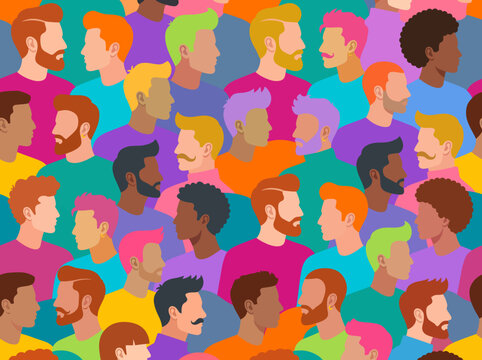 Diverse Group of Men in Profile with Colorful Hair and Beards &ndash; Bold Flat Vector Illustration of Masculinity and Inclusion