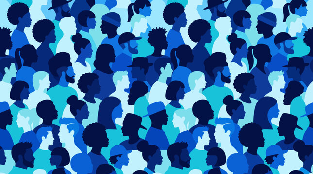 Diverse Crowd of People in Blue Silhouette Profiles &ndash; Community and Inclusion Vector Illustration
