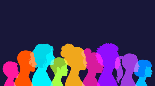 Overlapping Colorful Profile Silhouettes of Diverse People on Dark Blue Background &ndash; Diversity, Dialogue and Inclusion Concept