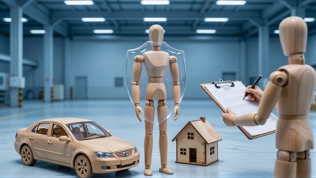 Wooden figures symbolize insurance protection for car and home in a factory setting.