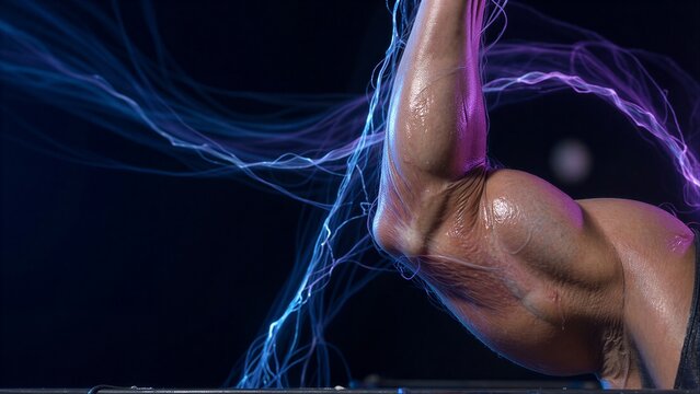 A human arm with glowing blue and purple energy swirls around it against a dark background.