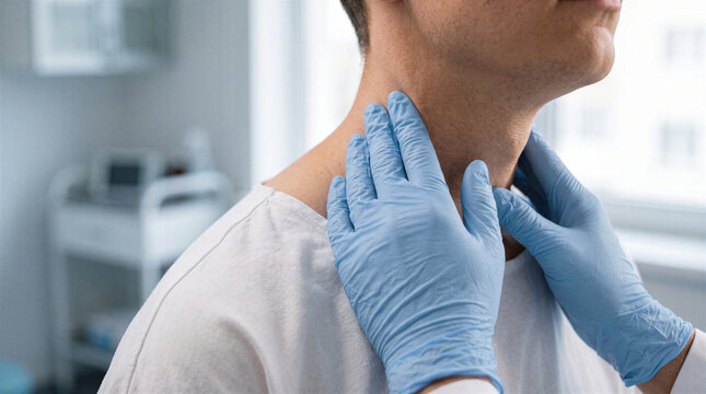 Doctor performing a physical examination of a patients neck to check for swollen lymph nodes or thyroid issues in a clinic